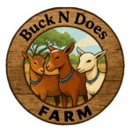 Buck N Does Farm logo featuring three Nigerian Dwarf goats