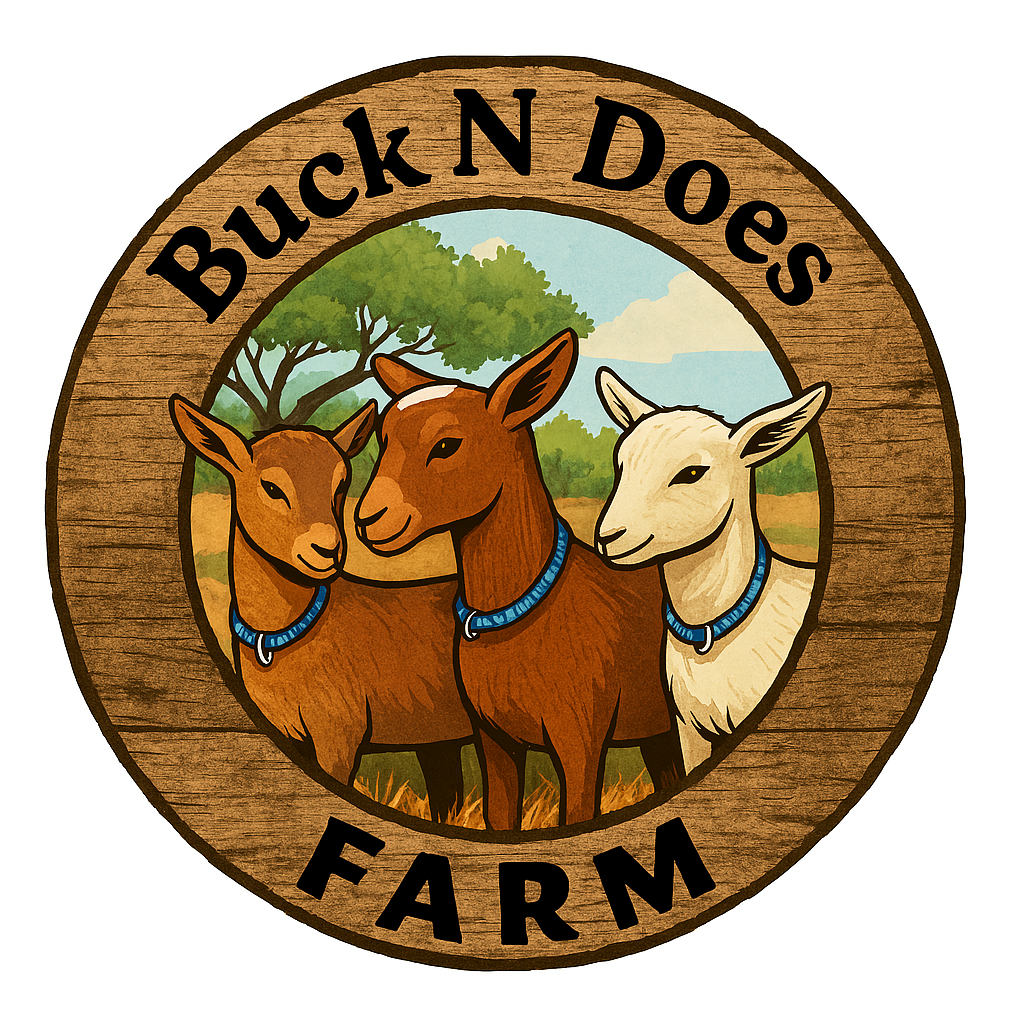Buck N Does Farm logo featuring three Nigerian Dwarf goats